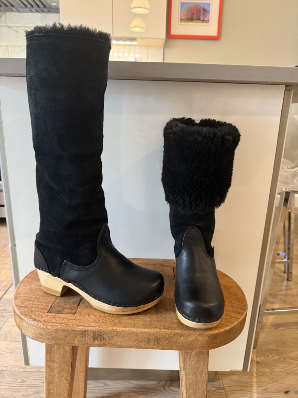 No 6 Black Shearling Knee High Boot Mid Heel